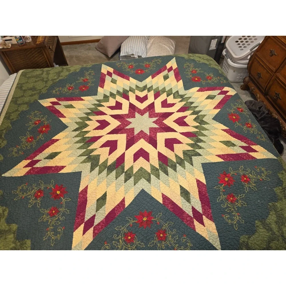 Handcrafted Lonestar Cotton Quilt Poinsettia Embroidered Christmas 90x90 Green